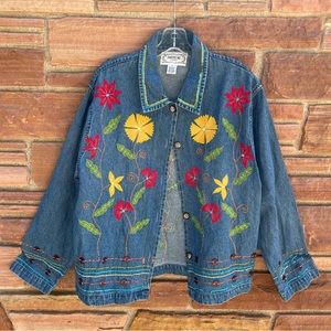 Tantrums Denim Jacket Women's Large Embroidered Embellished Jean Floral Shirt L